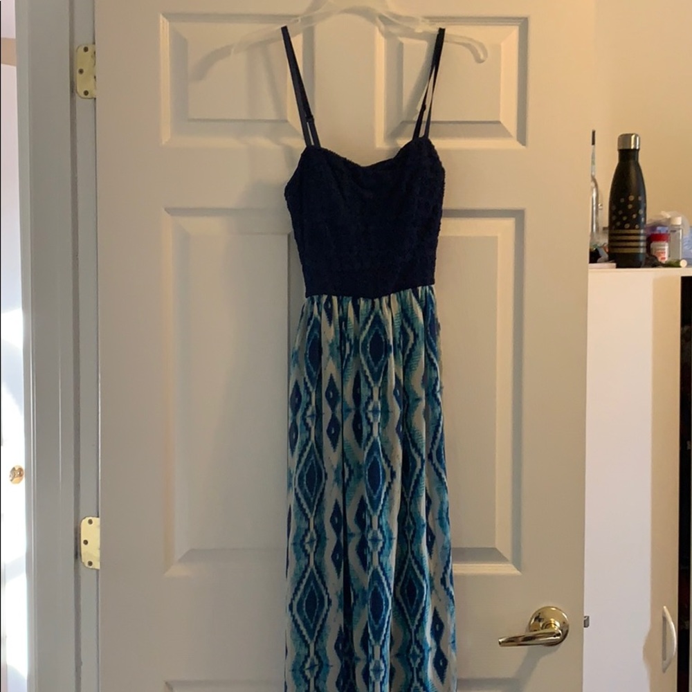 Blue and white maxi dress with belt